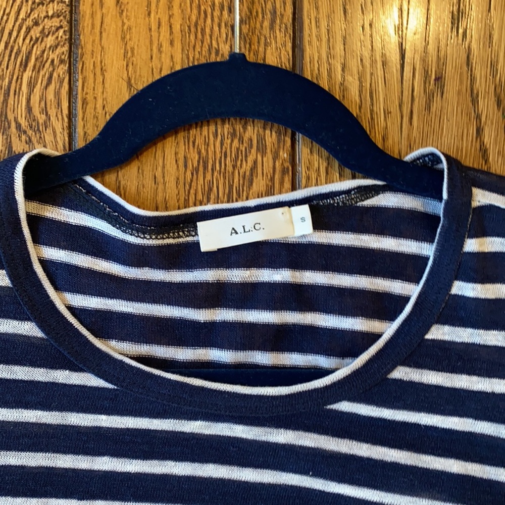 A.L.C. Combo Navy Stripe Open Back Tee Shirt Long Sleeve Linen - Picture 3 of 8